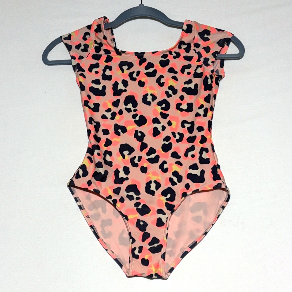 Cat & Jack Leotard Kids L 10/12 Pink Neon Leopard Print Excellent Bow Back